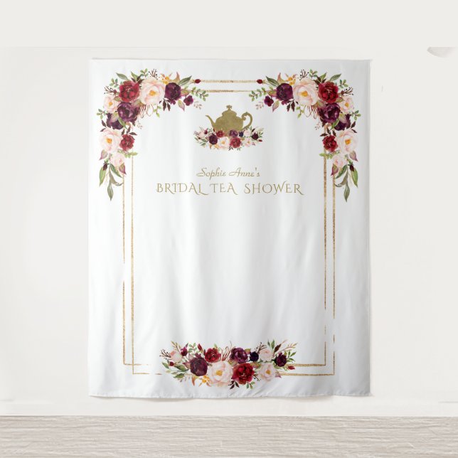 Burgundy Pink Floral Bridal Shower Tea Photo Prop Tapestry (Front)