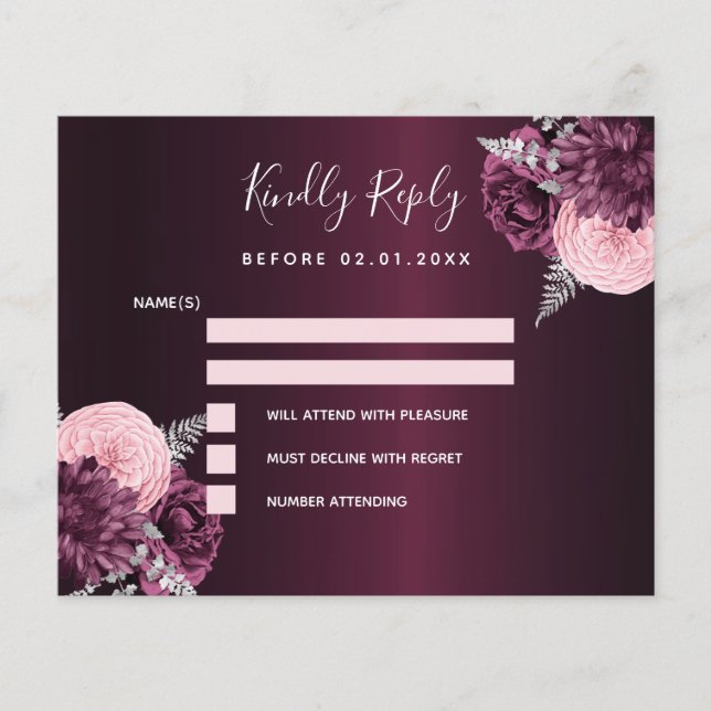 Burgundy pink floral budget wedding RSVP card (Front)