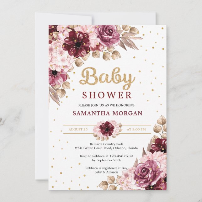 Burgundy pink floral corners gold girl baby shower invitation (Front)