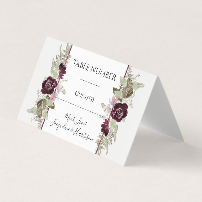 Burgundy Pink Floral Elegant Foliage Placecards Business Card (Front)