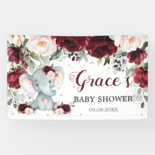Burgundy Pink Floral Elephant Baby Shower Backdrop Banner