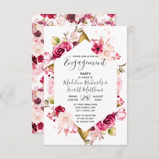 Burgundy & Pink Floral Engagement Party Invitation (Front/Back)