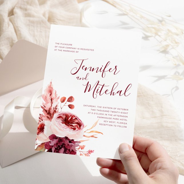 Burgundy & Pink Floral Fall Autumn Wedding Invitation (Creator Uploaded)