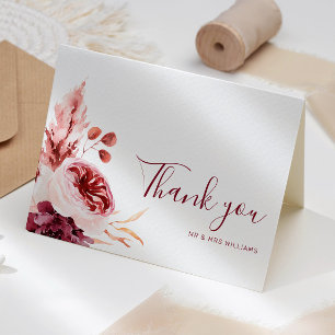 Burgundy & Pink Floral Fall Wedding Thank You Card