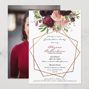 Burgundy & Pink Floral Frame Photo Graduation Invitation
