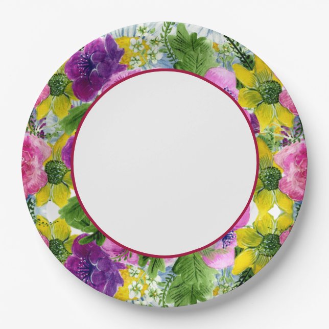 Burgundy Pink Floral Garland Rescheduled Wedding Paper Plate (Front)
