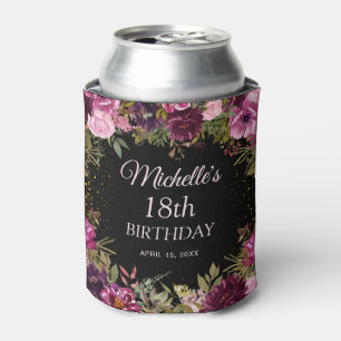 Burgundy Pink Floral Glitter Black 18th Birthday Can Cooler