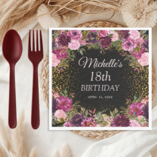 Burgundy Pink Floral Glitter Black 18th Birthday Napkin