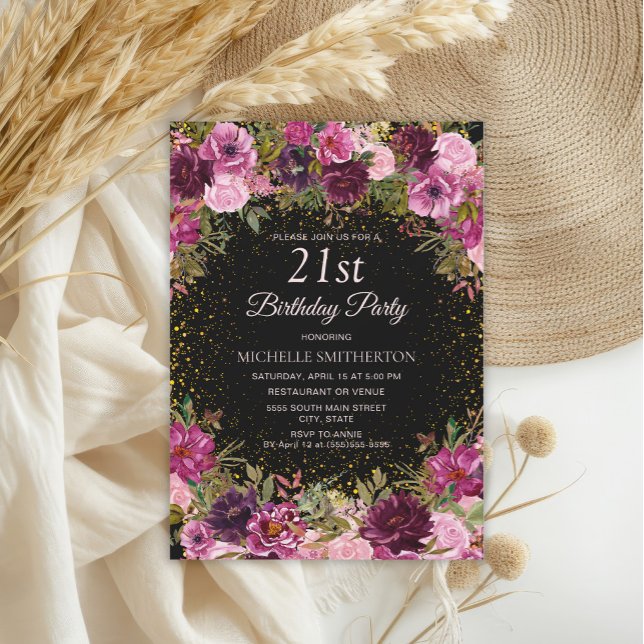 Burgundy Pink Floral Glitter Black 21st Birthday Invitation (Elegant burgundy and pink watercolor floral on black 21st birthday party invitation)