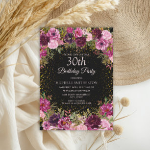 Burgundy Pink Floral Glitter Black 30th Birthday Invitation