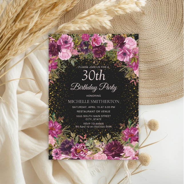 Burgundy Pink Floral Glitter Black 30th Birthday Invitation (Elegant burgundy and pink watercolor floral on black 30th birthday party invitation)