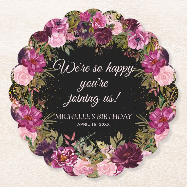 Burgundy Pink Floral Glitter Black Birthday Paper Coaster (Front)