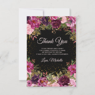 Burgundy Pink Floral Glitter Black Birthday  Thank You Card