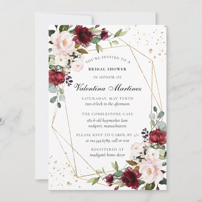 Burgundy Pink Floral Gold Geometric Bridal Shower Invitation (Front)