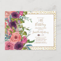 Burgundy Pink Floral Gold Glitter 50th Birthday