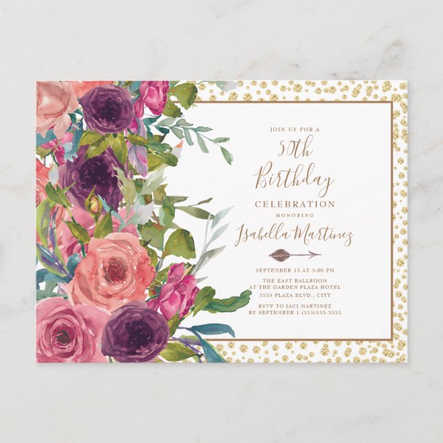 Burgundy Pink Floral Gold Glitter 50th Birthday Invitation Postcard (Front)