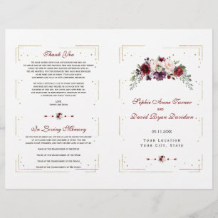 Burgundy Pink Floral Gold Glitter Wedding Program