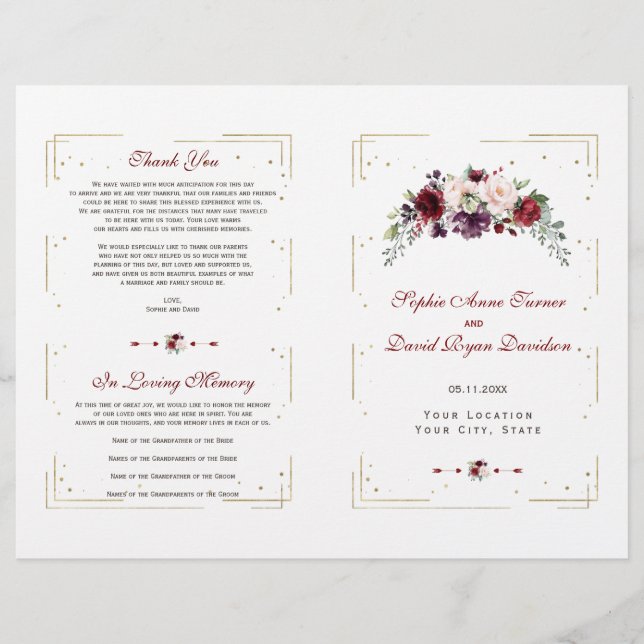 Burgundy Pink Floral Gold Glitter Wedding Program (Front)