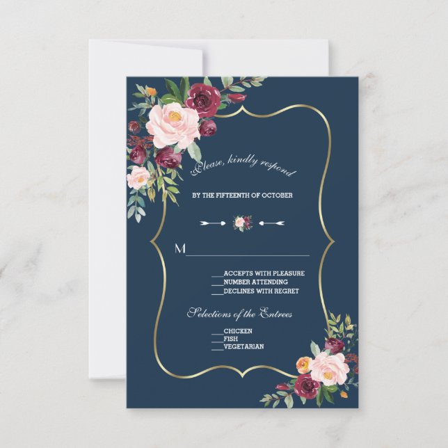 Burgundy Pink Floral Gold Navy Blue Wedding RSVP Card (Front)