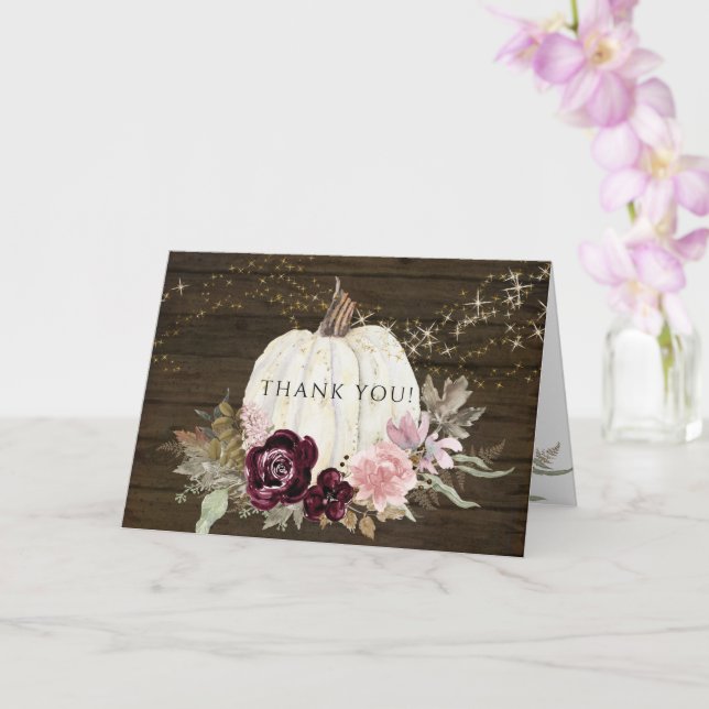 Burgundy Pink Floral Gold Stars Pumpkin Thank You Card (Orchid)