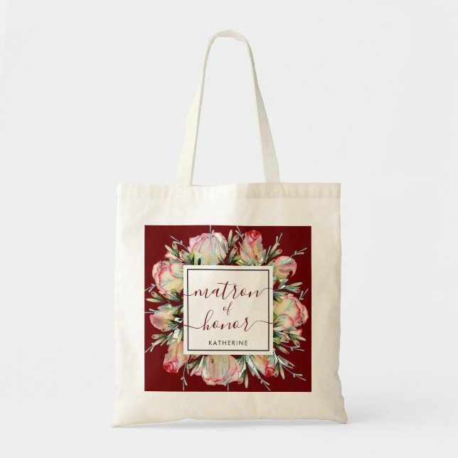 Burgundy Pink Floral Matron of Honour Wedding Tote Bag (Front)