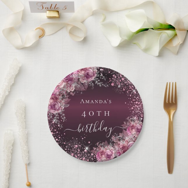 Burgundy pink floral name elegant birthday paper plate (Wedding)
