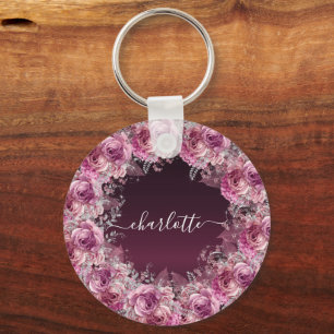 Burgundy pink floral name script key ring