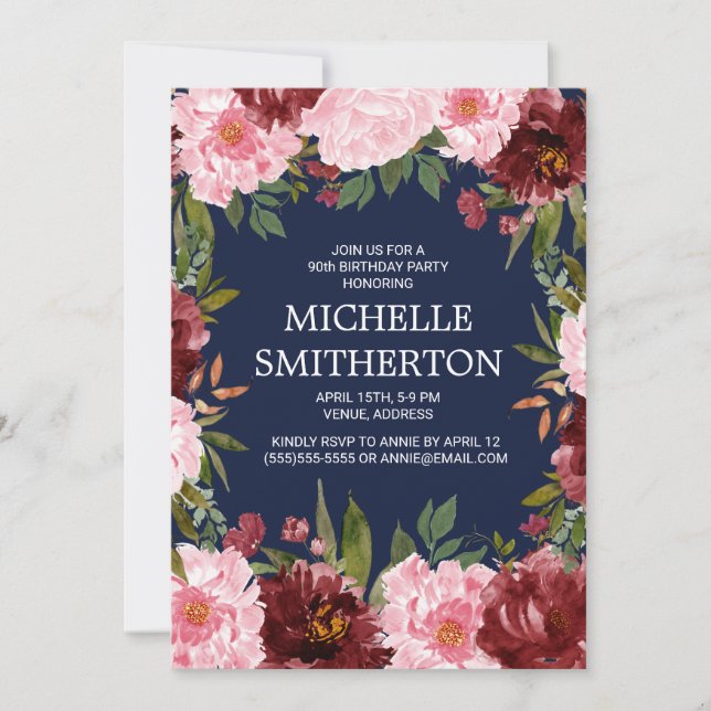 Burgundy Pink Floral Navy Blue 90th Birthday Invitation (Front)