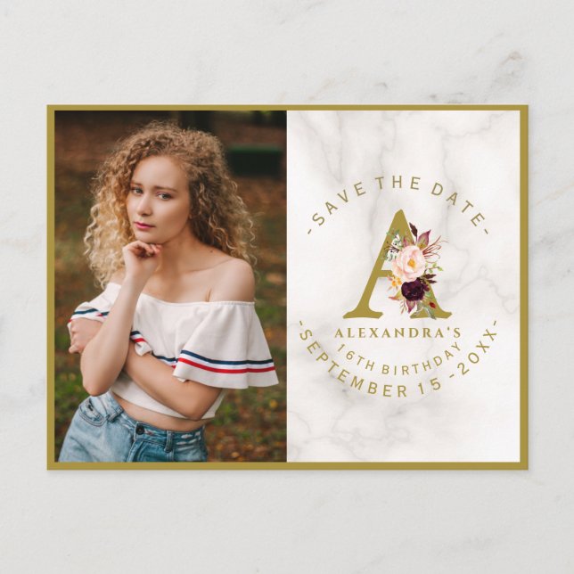 Burgundy Pink Floral Photo Birthday Save The Date Postcard (Front)