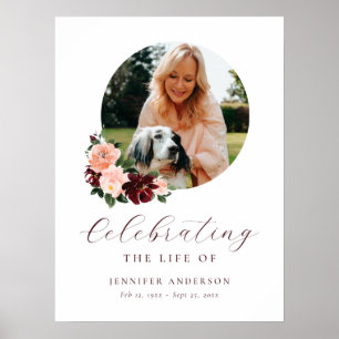Burgundy Pink Floral Photo Memorial Funeral Sign
