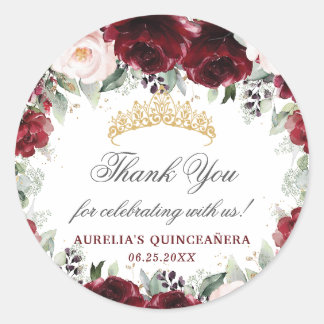 Burgundy Pink Floral Quinceanera Favour Thank You Classic Round Sticker