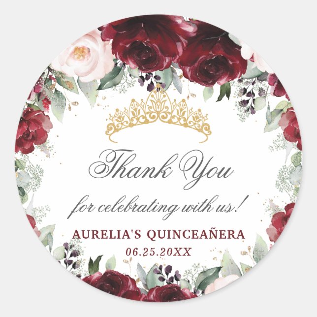 Burgundy Pink Floral Quinceanera Favour Thank You  Classic Round Sticker (Front)