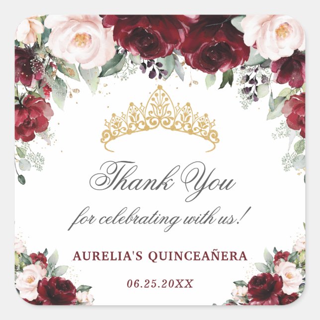 Burgundy Pink Floral Quinceanera Favour Thank You  Square Sticker (Front)