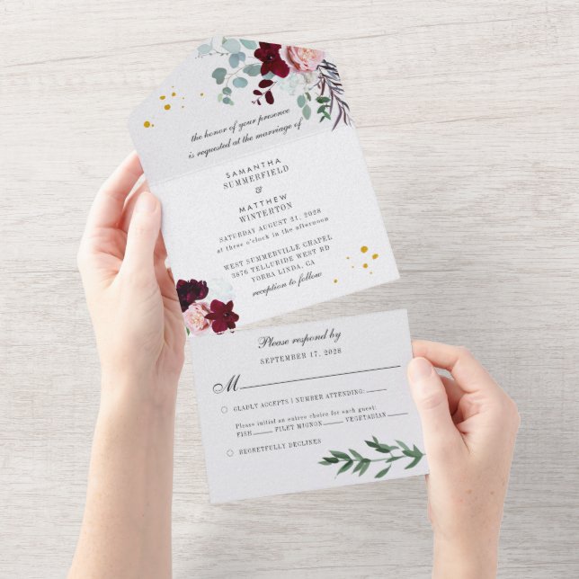 Burgundy Pink Floral Script Greenery Wedding All In One Invitation (Tearaway)