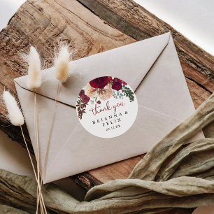 Burgundy Pink Floral Thank You Wedding Favour  Classic Round Sticker