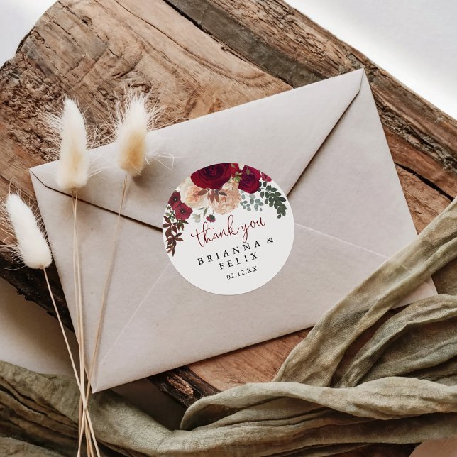 Burgundy Pink Floral Thank You Wedding Favour  Classic Round Sticker (Creator Uploaded)