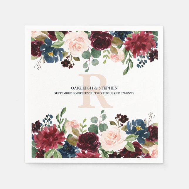Burgundy Pink Floral Watercolor Monogram Wedding Napkin (Front)