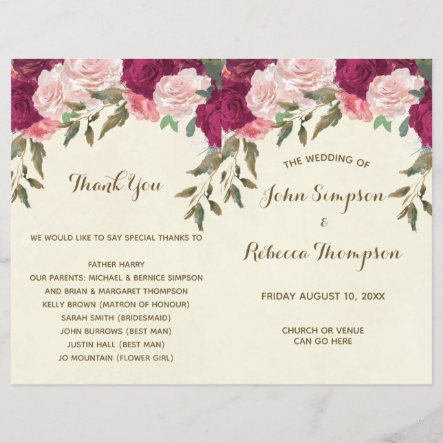 burgundy pink floral wedding ceremony program (Front)