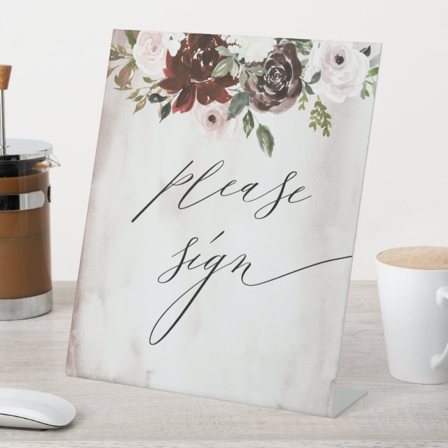 Burgundy Pink Floral Wedding Guest Book Pedestal Sign (In SItu)