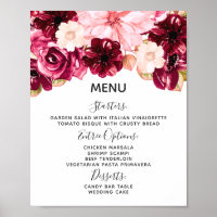 Burgundy & Pink Floral Wedding Menu Table Sign