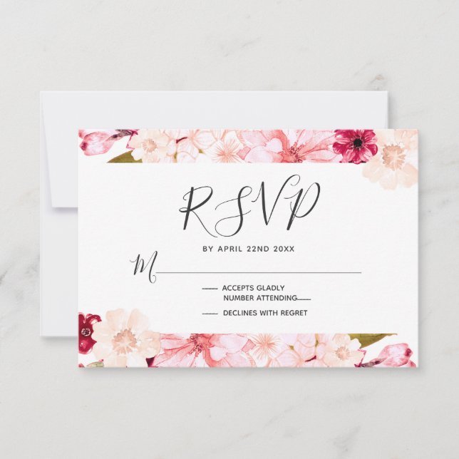 Burgundy & Pink Floral Wedding RSVP Response (Front)