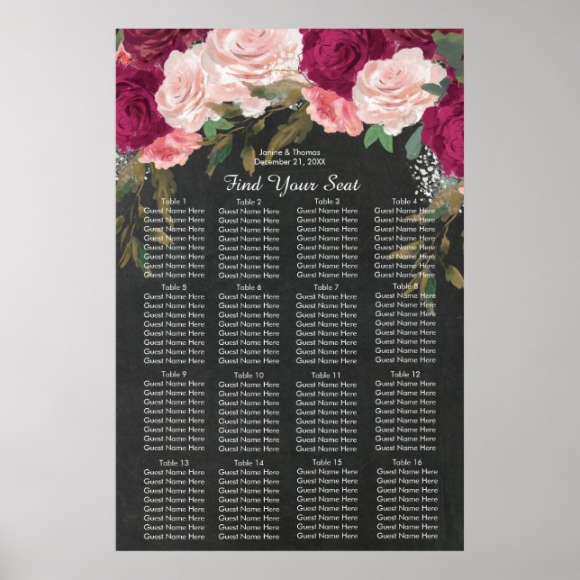 burgundy pink floral wedding seating chart sign (Front)
