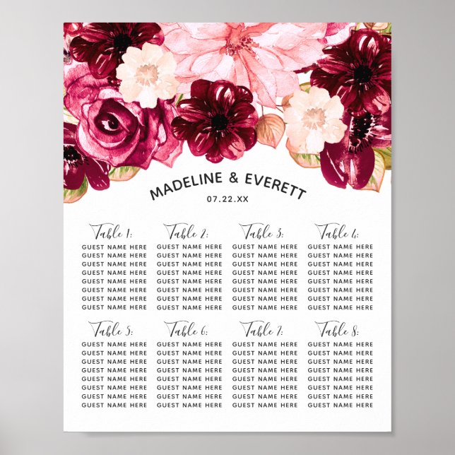 Burgundy & Pink Floral Wedding Table Seating Chart (Front)