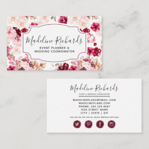 Burgundy & Pink Floral with Social Media Icons Business Card