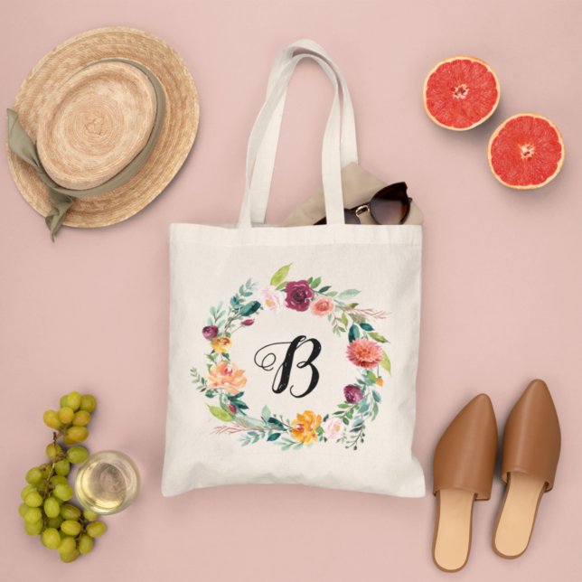 Burgundy Pink Floral Wreath Bridesmaid Initial Tote Bag (Creator Uploaded)