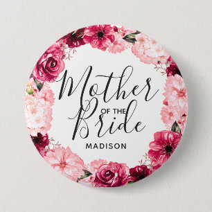 Burgundy & Pink Floral Wreath Mother of the Bride 7.5 Cm Round Badge