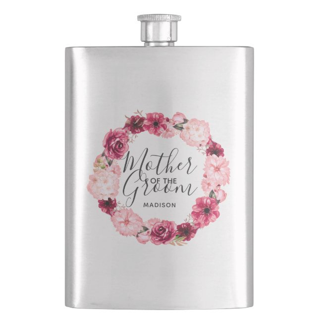 Burgundy & Pink Floral Wreath Mother of the Groom Hip Flask (Front)