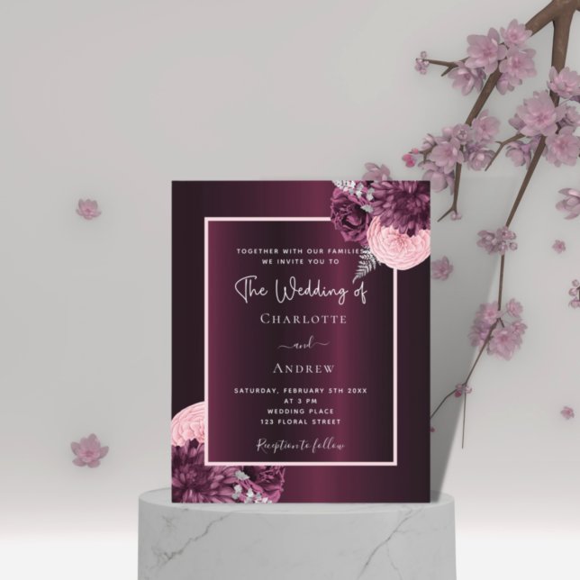 Burgundy pink florals budget wedding invitation flyer (Creator Uploaded)