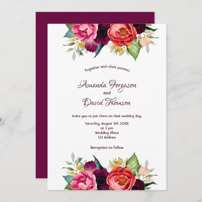 Burgundy pink florals fall white wedding invitation (Front/Back)