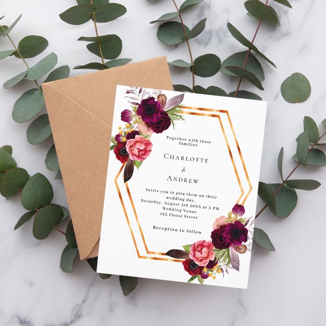 Burgundy pink florals gold geo wedding invitation (Creator Uploaded)